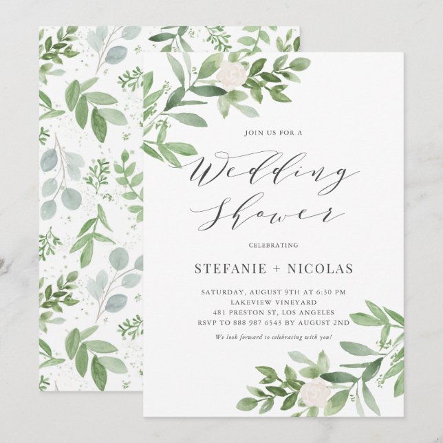 Invitation Aquarelle Vert Wedding shower Floral blanc (Devant / Derrière)