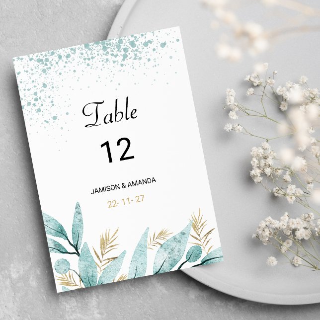 Invitation Aquarelle verte à la menthe feuillage Numéros de t (Mint green gold watercolor foliage Table Numbers)
