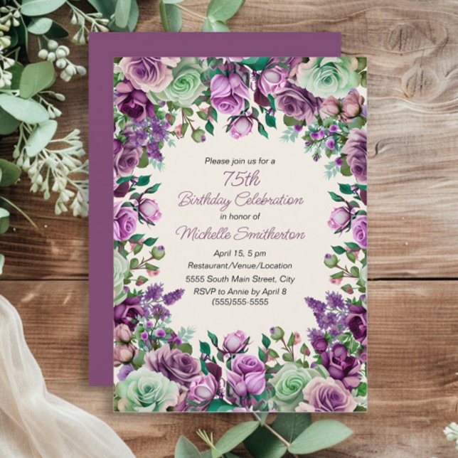 Invitation Aquarelle verte à la menthe violette Floral 75e an (Elegant purple and mint green women's 75th birthday party invitation)
