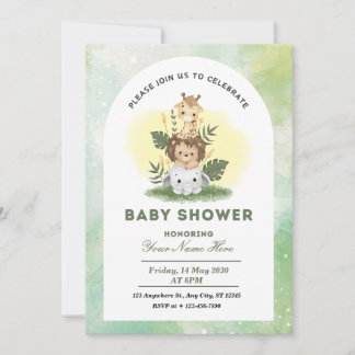 Invitation Aquarelle verte Animaux Baby shower Garçon