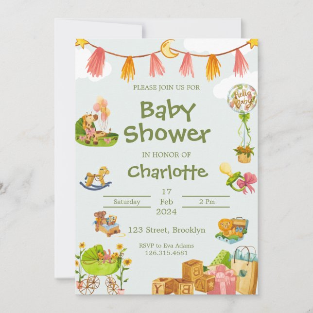 Invitation Aquarelle verte Baby shower d'animaux colorés (Devant)
