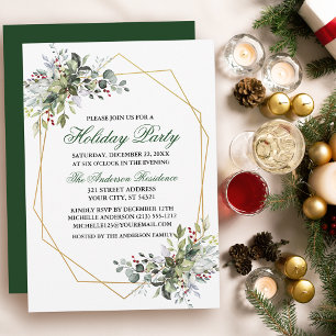 Invitation Aquarelle verte Berries Gold Holiday Party