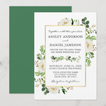 Aquarelle verte Blanc Floral Mariage or