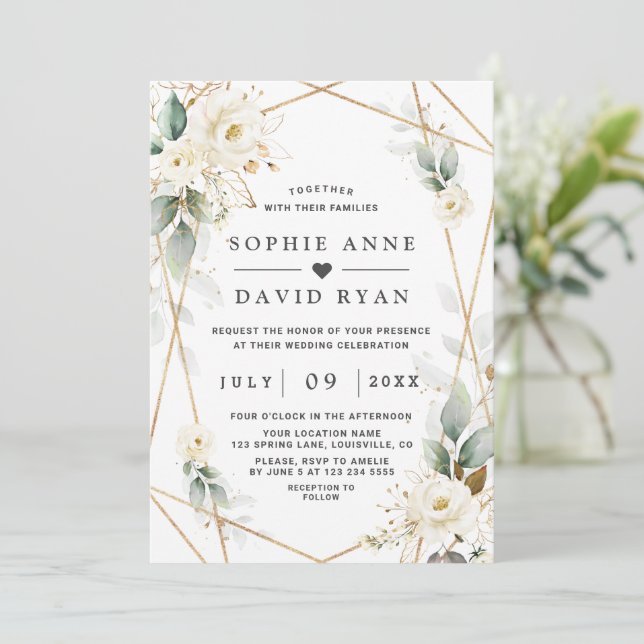 Invitation Aquarelle verte Blanc Floral Mariage or (Debout devant)