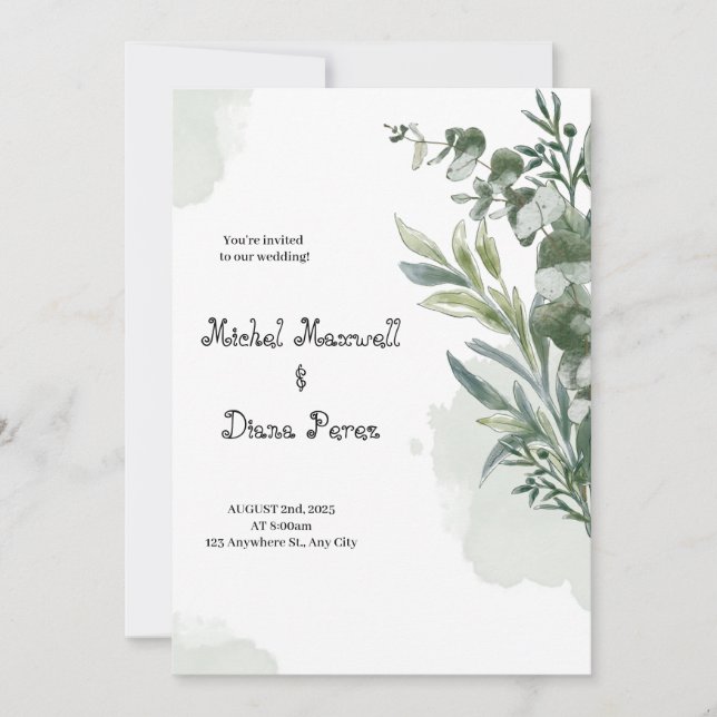 Invitation Aquarelle verte blanche Floral Frontière Mariage I (Devant)