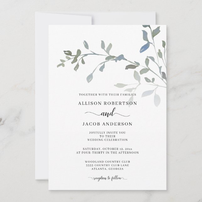 Invitation Aquarelle verte bleu-dusty minimale Mariage floral (Devant)