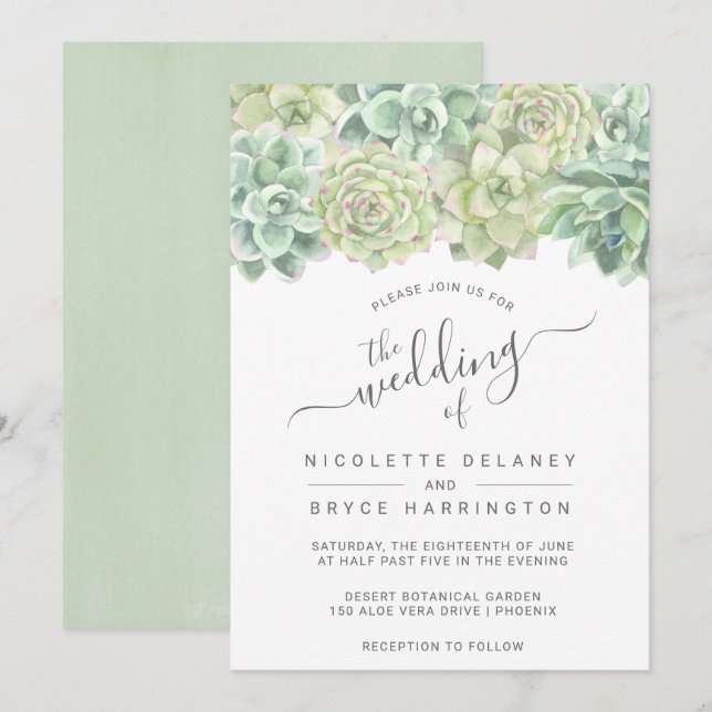 Invitation Aquarelle verte botanique Mariage de succulents (Devant / Derrière)