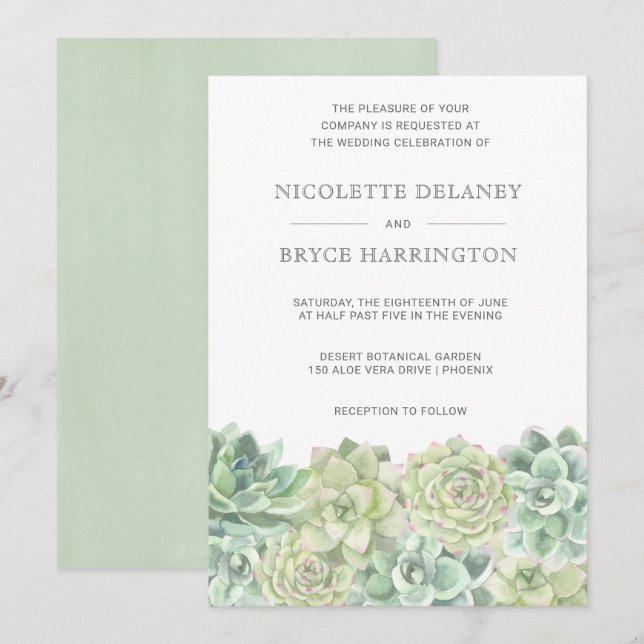 Invitation Aquarelle verte botanique Mariage Succulent (Devant / Derrière)