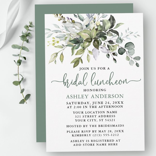 Invitation Aquarelle verte Bridal Luncheon Sage Green (Customize to change your personalized text color, text style or color of back of card.)