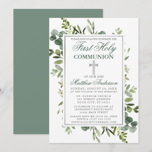 Invitation Aquarelle verte Communion Argent Sage Vert