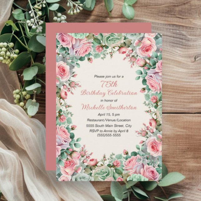 Invitation Aquarelle verte de Monnaie rose Floral 75e anniver (Pink and mint green watercolor floral 75th birthday party invitation for women.)