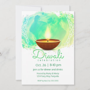 Invitation Aquarelle verte Diwali Diya moderne