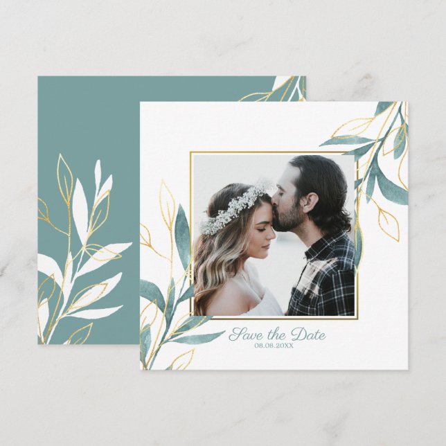 Invitation Aquarelle verte dorée Floral Enregistrer la date (Devant / Derrière)