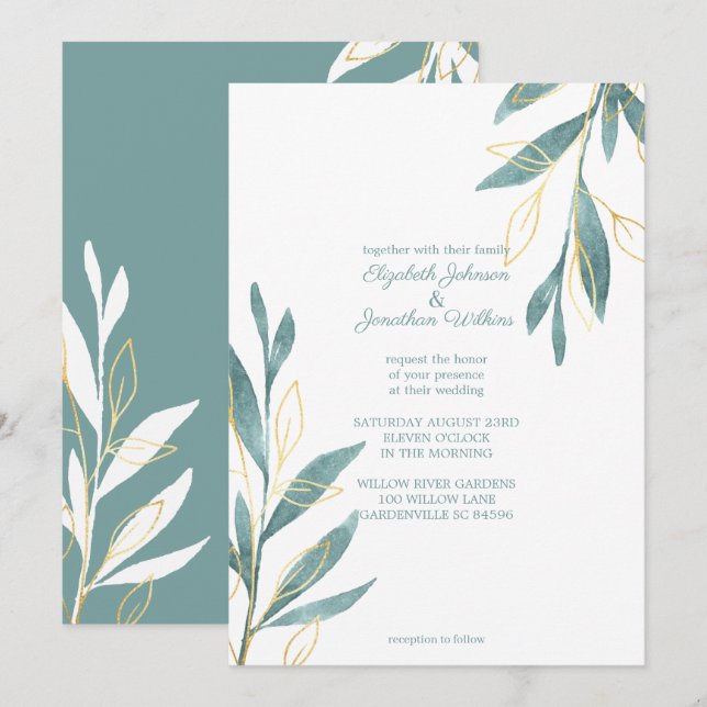 Invitation Aquarelle verte dorée Mariage floral (Devant / Derrière)