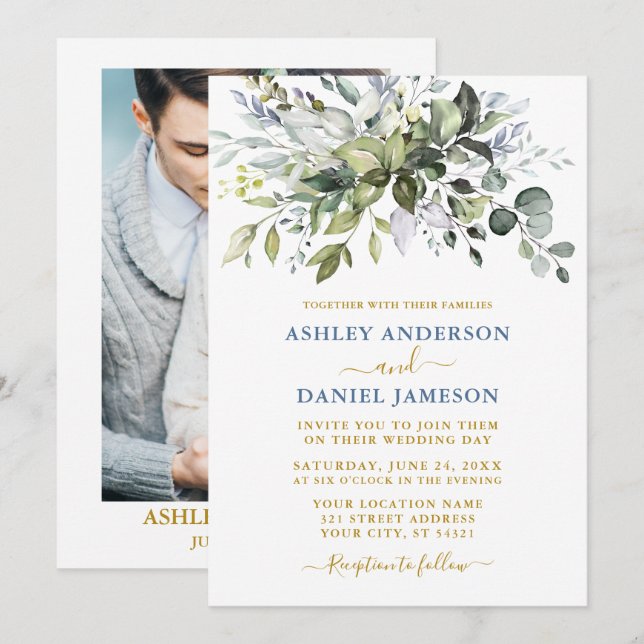 Invitation Aquarelle verte Dusty Blue Gold Mariage photo (Devant / Derrière)