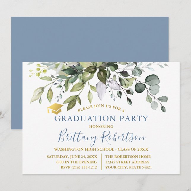 Invitation Aquarelle verte Dusty Blue Graduation Party (Devant / Derrière)