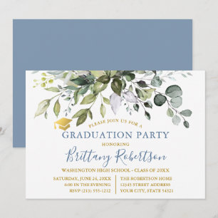 Invitation Aquarelle verte Dusty Blue Graduation Party