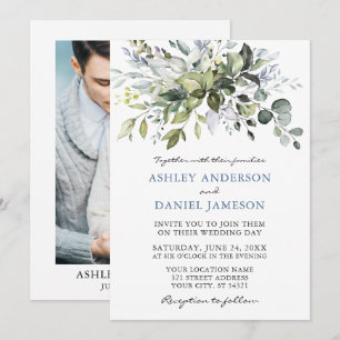 Invitation Aquarelle verte Dusty Blue Photo Mariage