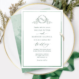 Invitation Aquarelle verte, Élégant Mariage Monogramme Invita