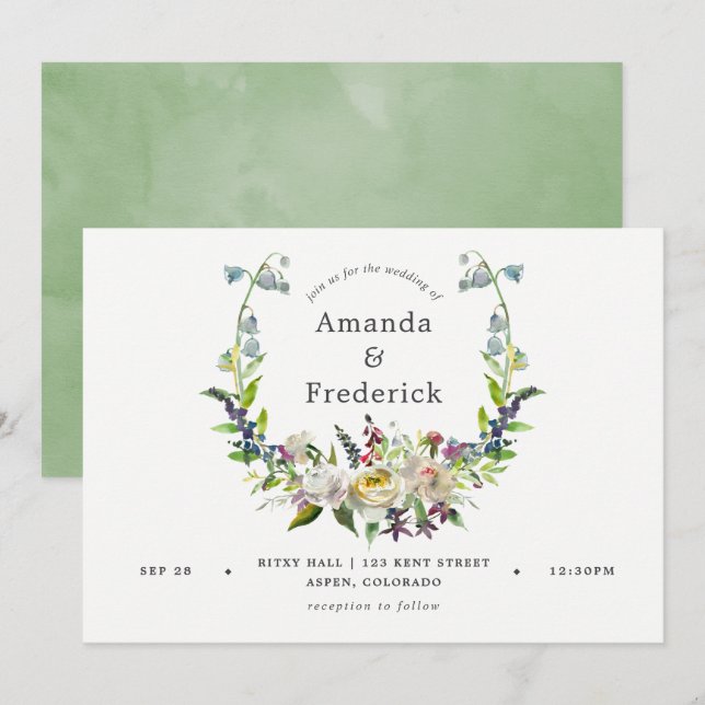 Invitation Aquarelle verte et blanche Sage Mariage Floral (Devant / Derrière)