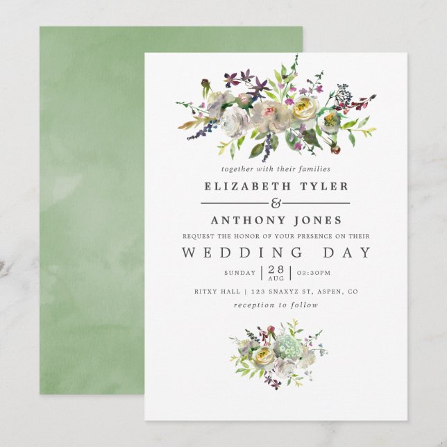 Invitation Aquarelle verte et blanche Sage Mariage Floral (Devant / Derrière)