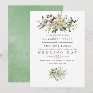Invitation Aquarelle verte et blanche Sage Mariage Floral