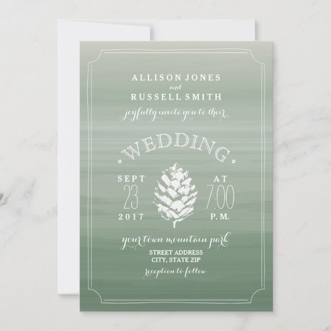 Invitation Aquarelle verte et cône de pin Mariage rustique (Devant)
