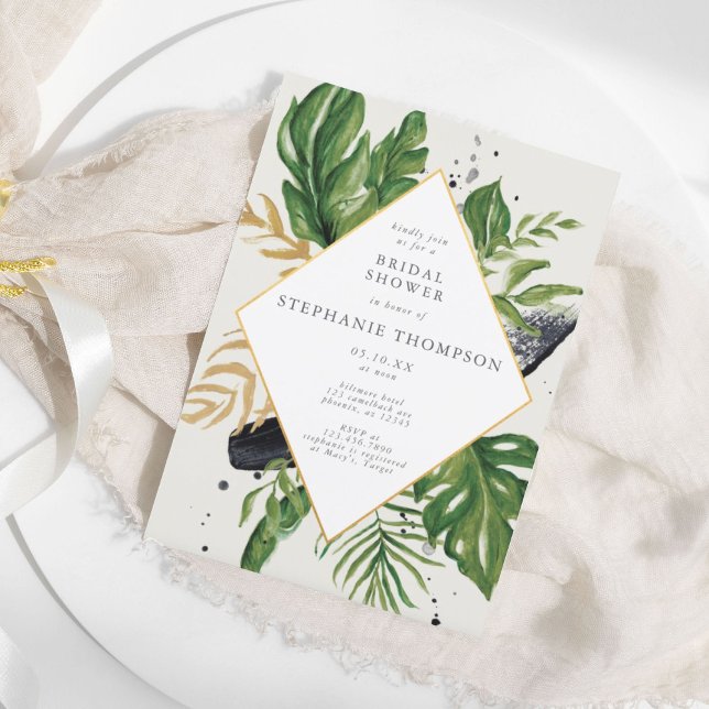 Invitation Aquarelle verte et or Fête des mariées tropicale (Green & Gold Watercolor Tropical Bridal Shower Invitation)