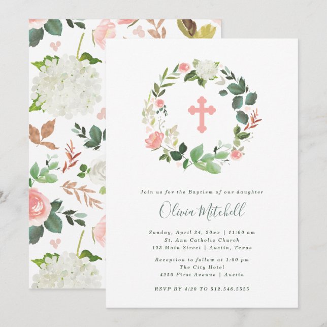 Invitation Aquarelle verte et rose | Baptême (Devant / Derrière)