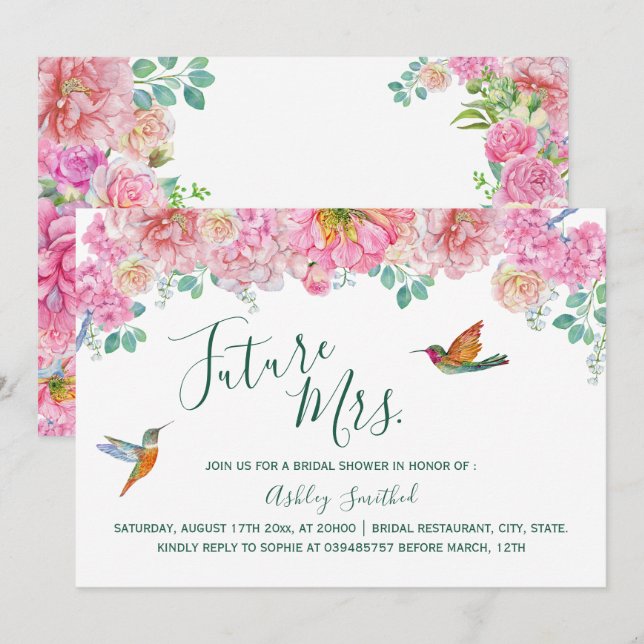 Invitation Aquarelle verte et rose fleurie Mme douche nuptial (Devant / Derrière)