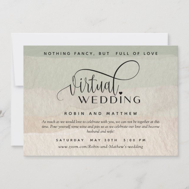 Invitation Aquarelle verte et teintée, Mariage virtuel en lig (Devant)