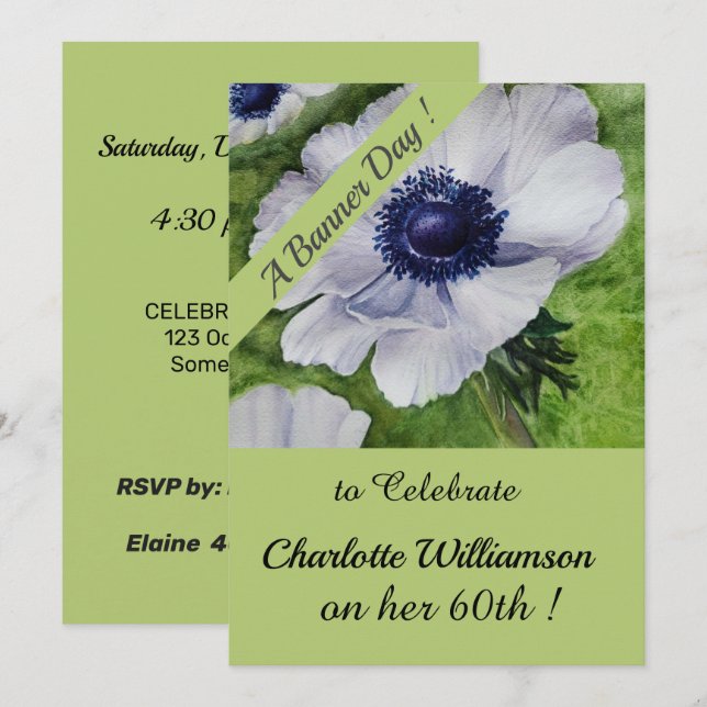Invitation Aquarelle verte et violette Anniversaire Floral (Devant / Derrière)