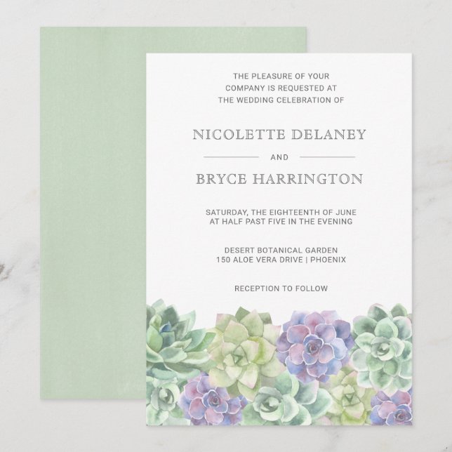 Invitation Aquarelle verte et violette Mariage Succulent (Devant / Derrière)
