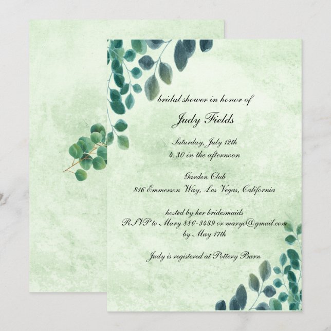 Invitation Aquarelle verte Eucalyptus Laisser Fête des mariée (Devant / Derrière)