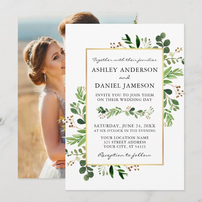 Invitation Aquarelle verte Eucalyptus Photo Mariage or (Devant / Derrière)