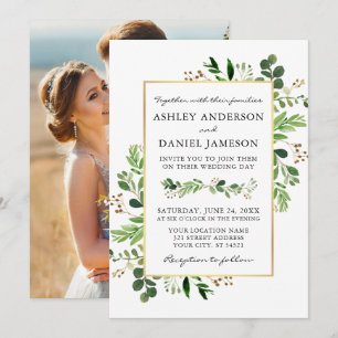 Invitation Aquarelle verte Eucalyptus Photo Mariage or