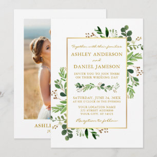 Invitation Aquarelle verte Eucalyptus Photo Mariage or