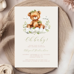 Invitation Aquarelle verte Eucalyptus Teddy Bear Baby shower