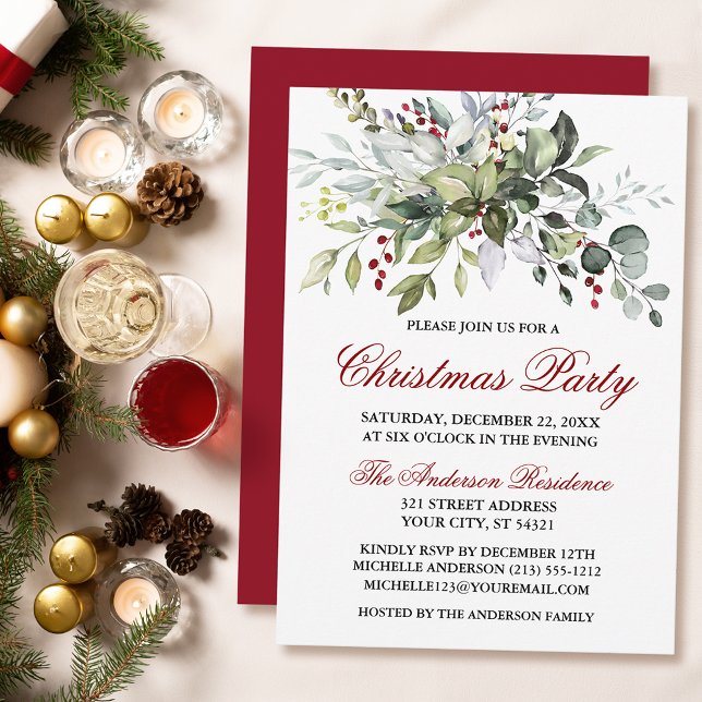 Invitation Aquarelle verte Fête de Noël aux baies rouges (Customize to change text color, size, style or to change color of back of card.)