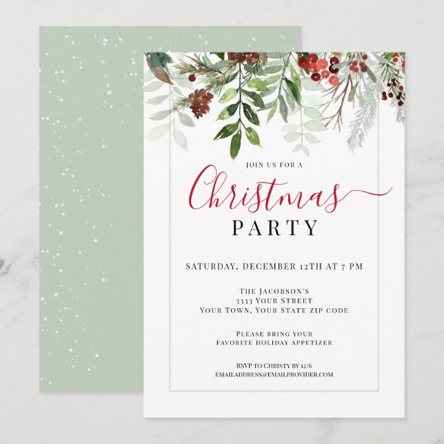 Invitation Aquarelle verte Fête de Noël Florale (Devant / Derrière)