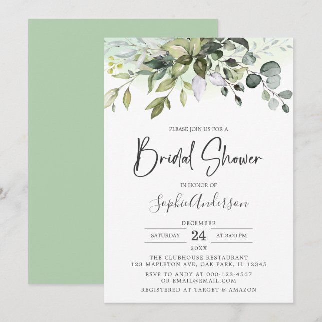 Invitation Aquarelle verte Fête des mariées Eucalyptus (Devant / Derrière)
