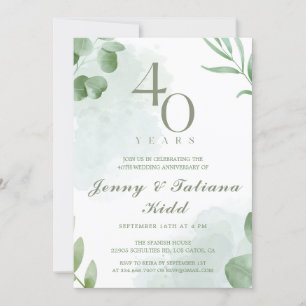 Invitation Aquarelle verte Feuille 40e anniversaire Mariage