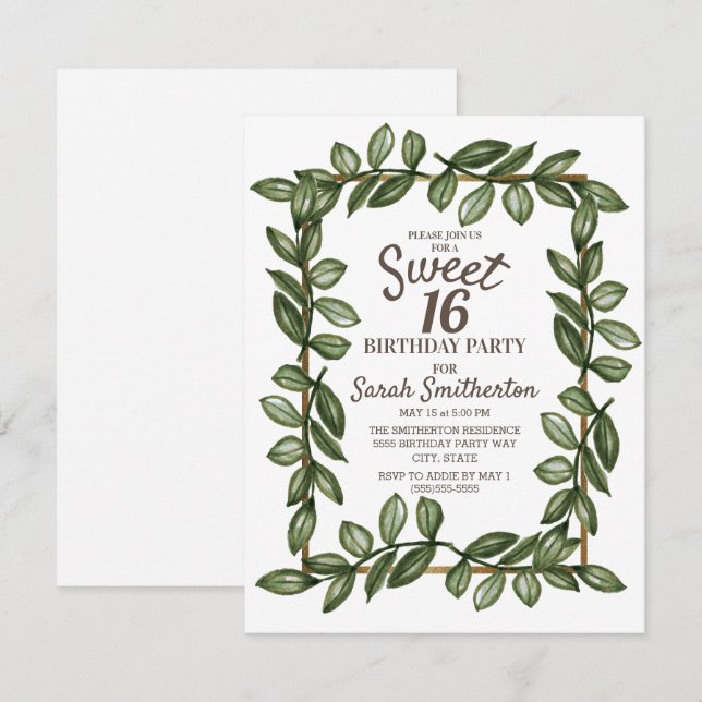 Invitation Aquarelle verte Feuille blanc or doux 16 (Devant / Derrière)