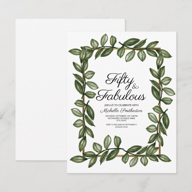 Invitation Aquarelle verte Feuille Or blanc 50e anniversaire (Devant / Derrière)