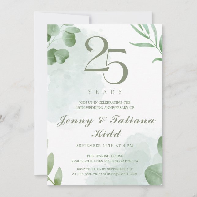Invitation Aquarelle verte Feuilles 25e anniversaire Mariage (Devant)
