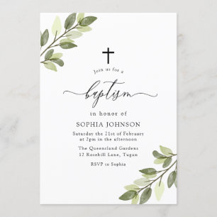 Invitation Aquarelle verte Feuilles bébé garçon ou fille Bapt