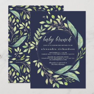 Invitation Aquarelle verte feutrée Bébé Brunch Bleu foncé