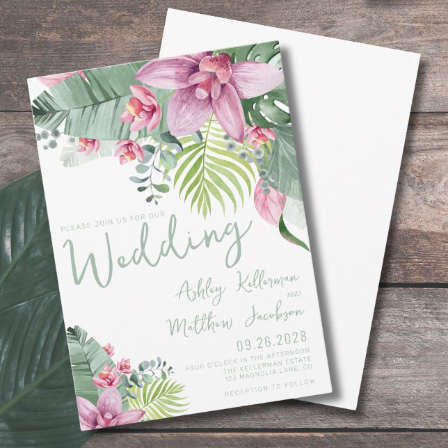 Invitation Aquarelle verte Fleurs tropicales Mariage (Watercolor Greenery Tropical Flowers Wedding Invitation)