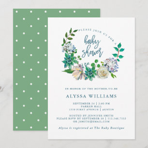 Invitation Aquarelle verte Florale Succulente   Baby shower