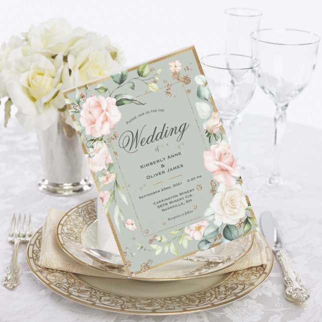 Invitation Aquarelle Verte Gold Sage Mariage floral romantiqu (Créateur téléchargé)